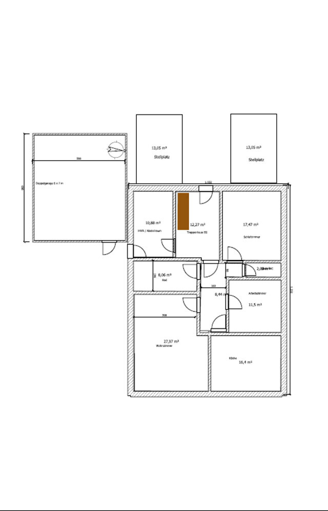 Grundriss eines Einfamilienhauses mit Zimmern, Wohnzimmer, Küche, Schlafzimmer und Bad