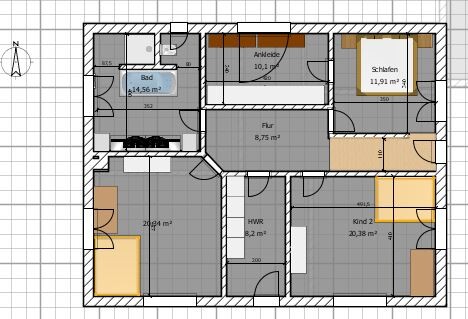 2D-Grundriss eines Hauses mit Bad, Küche, Flur, Schlafzimmer und Wohnzimmer