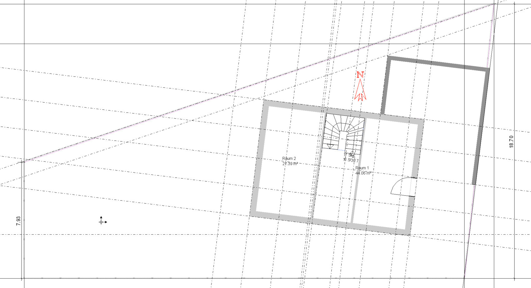 Architektonischer Grundriss eines Hauses mit Treppenaufgang und Raumbezeichnungen