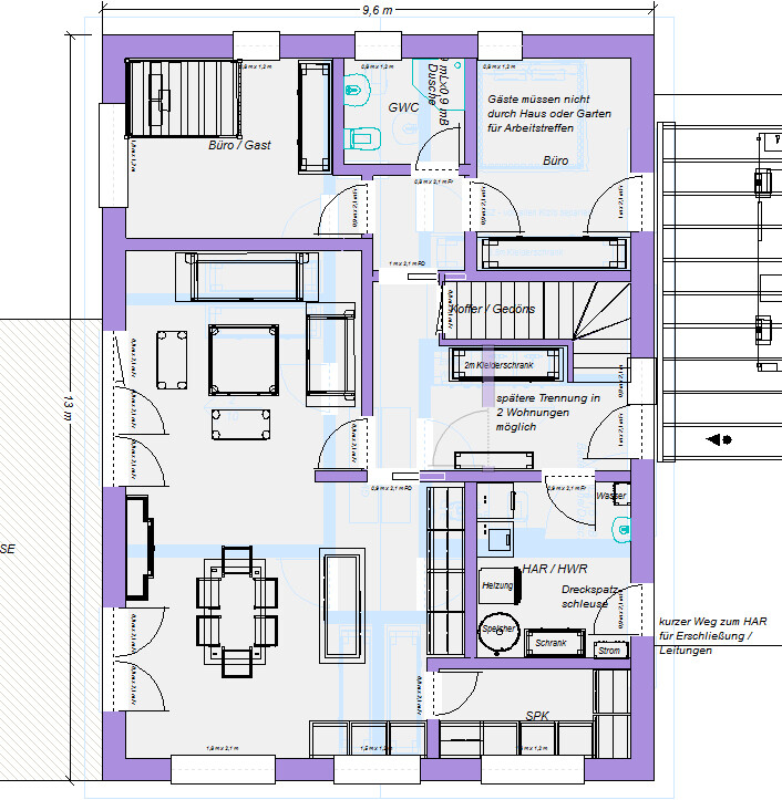 Grundriss eines Büro- und Wohngebäudes mit Büro/Gast, Küche, Fluren und Treppen.