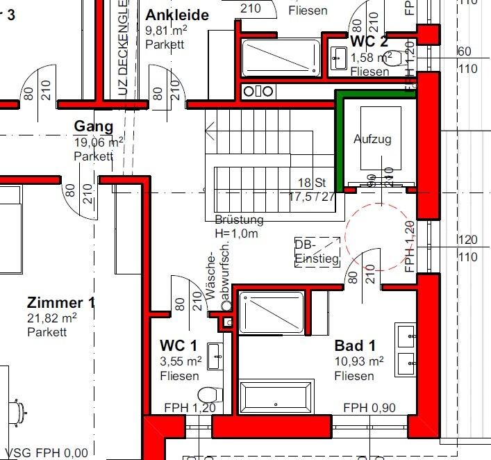 Grundriss eines Wohnhauses: Zimmer 1, Bad 1, WC, Ankleide, Gang, Aufzug.
