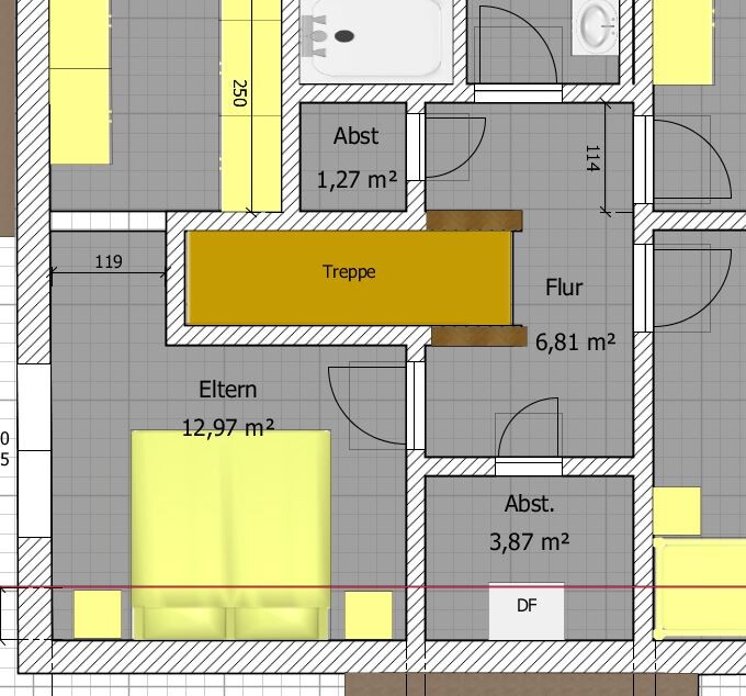Grundriss eines Wohnhauses mit Treppe, Flur und Elternzimmer