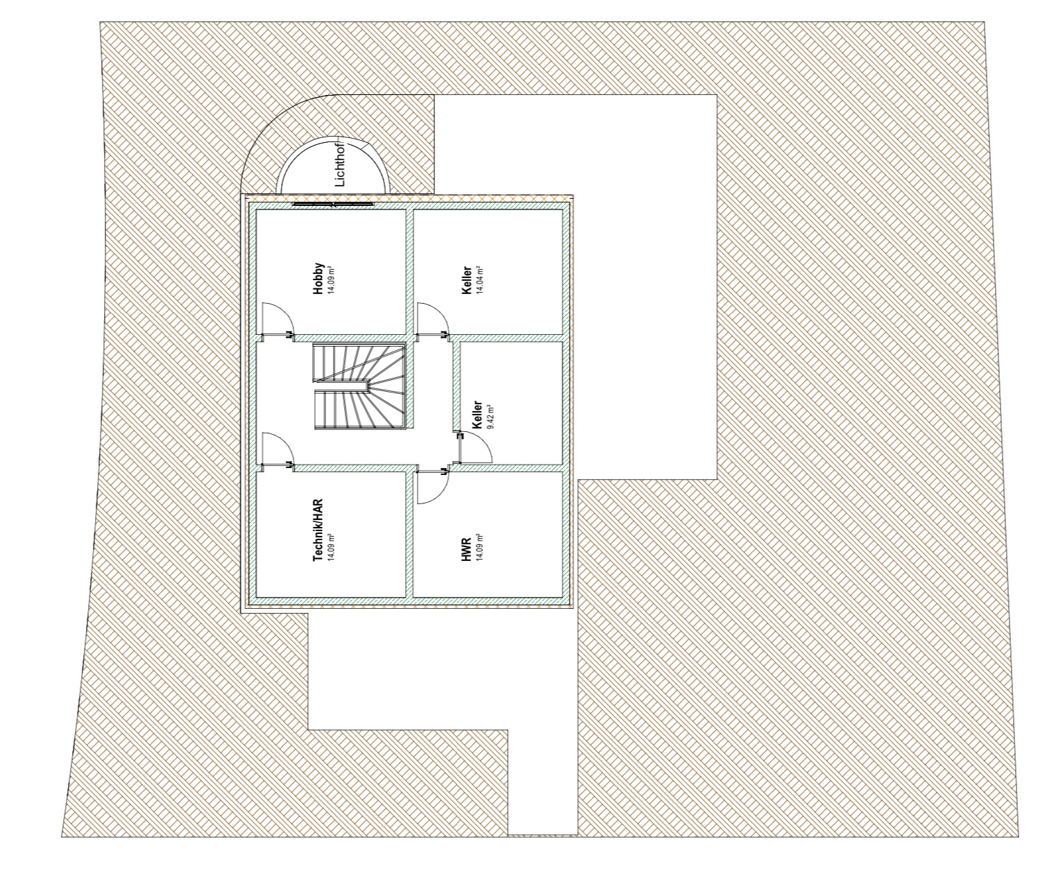 Grundriss: zentrale Treppe, Hobby, Keller, Technik/HAR, HWR, Lichthof, Außenbereich.