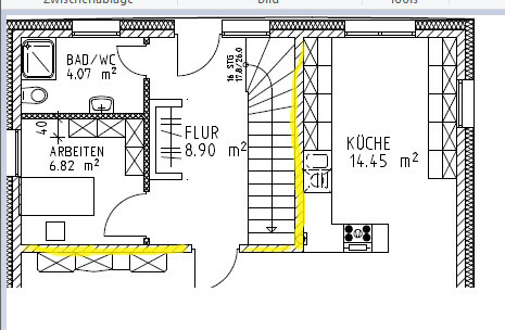 2D Grundriss eines Hauses mit Küche, Bad, Flur und Treppe
