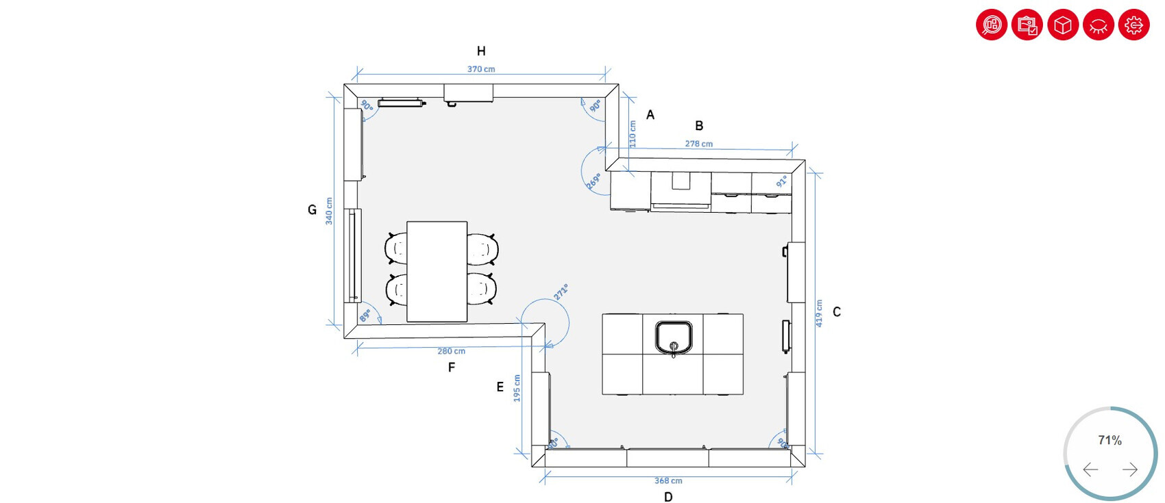 2D-Grundriss eines Hauses mit Küche, Esstisch und Sitzbereich mit Maßangaben