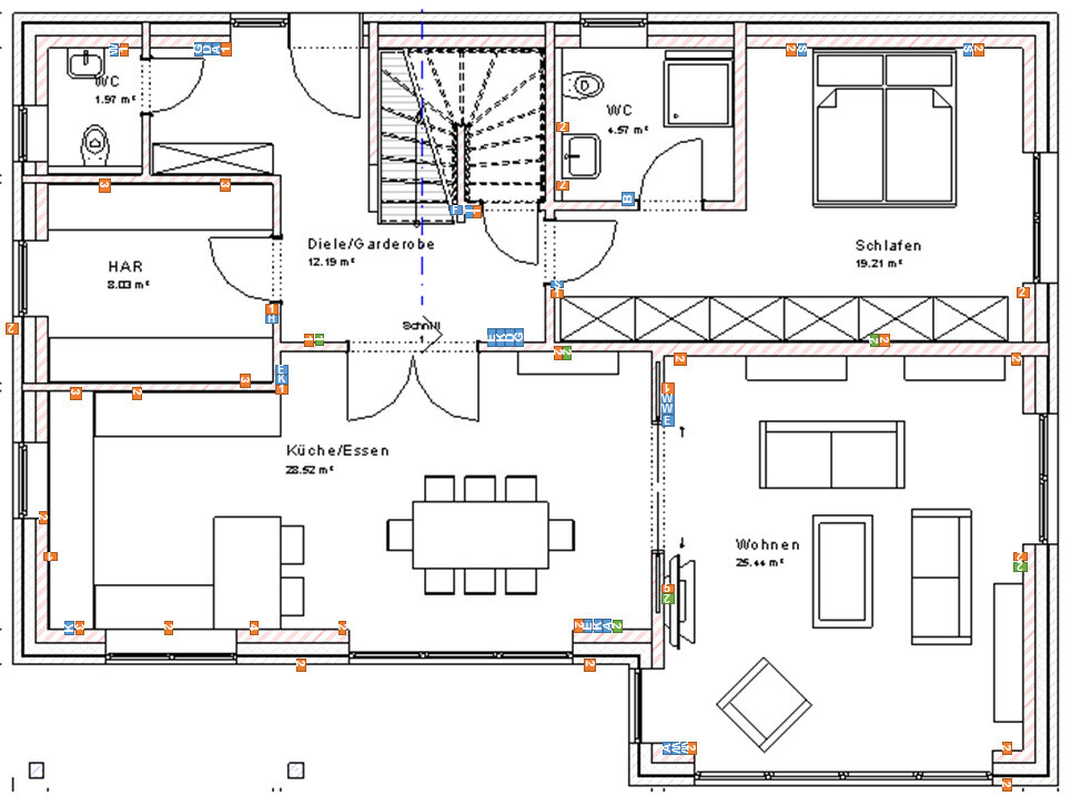 2D-Grundrissplan eines Hauses mit Küche, Essen, Wohnen, Schlafraum und Diele