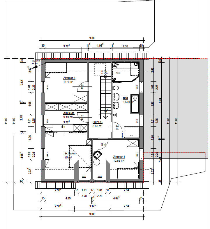 Grundriss eines Obergeschosses mit Schlafzimmern, Bad und Flur in einem Haus