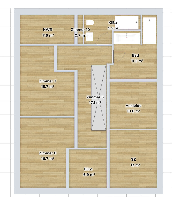 Grundriss eines Hauses mit mehreren Räumen: SZ, Ankleide, Büro, Bad, HWR, KiBa, Zimmer 5–7.