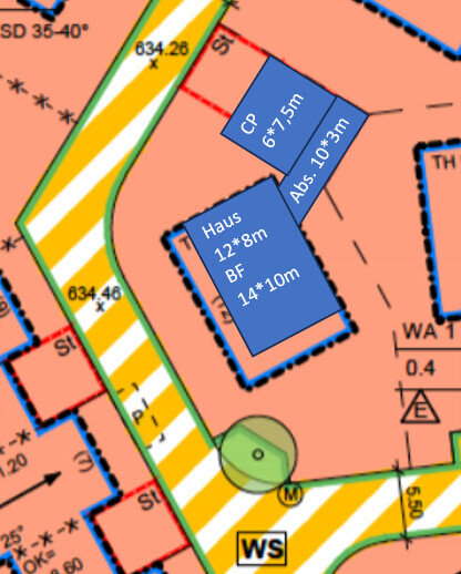 Lageplan: orange Grundstück, zwei blaue Gebäude (Haus, CP), gelb gestreifte Straße, grüne Fläche