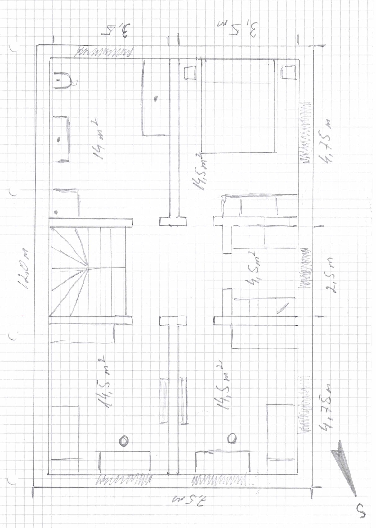 Grundriss eines Hauses mit mehreren Zimmern, Treppe und Eingang