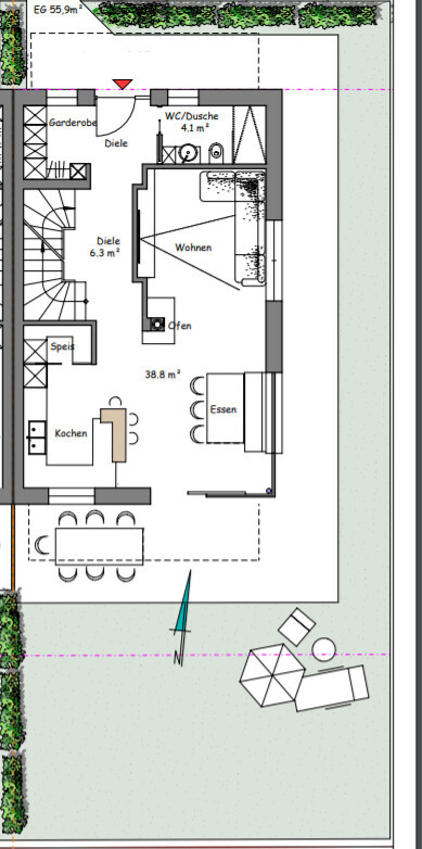 Grundriss eines Hauses: Wohnen, Essen, Küche, Speis, Garderobe, WC/Dusche, Terrasse, Garten