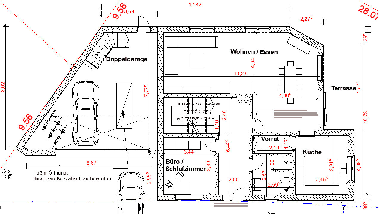Grundriss eines Hauses: Doppelgarage, Büro/Schlafzimmer, Küche, Vorrat, Wohnen/Essen, Terrasse.