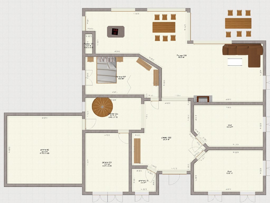 Grundriss eines Hauses: Küche mit Insel, Esszimmer, Wohnzimmer, Schlafzimmer, Bad und Flur.