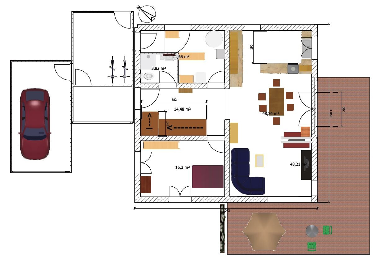 Detaillierter Grundrissplan eines Wohnhauses mit Küche, Wohnzimmer, Bad, Schlafzimmer, Terrasse und Carport.