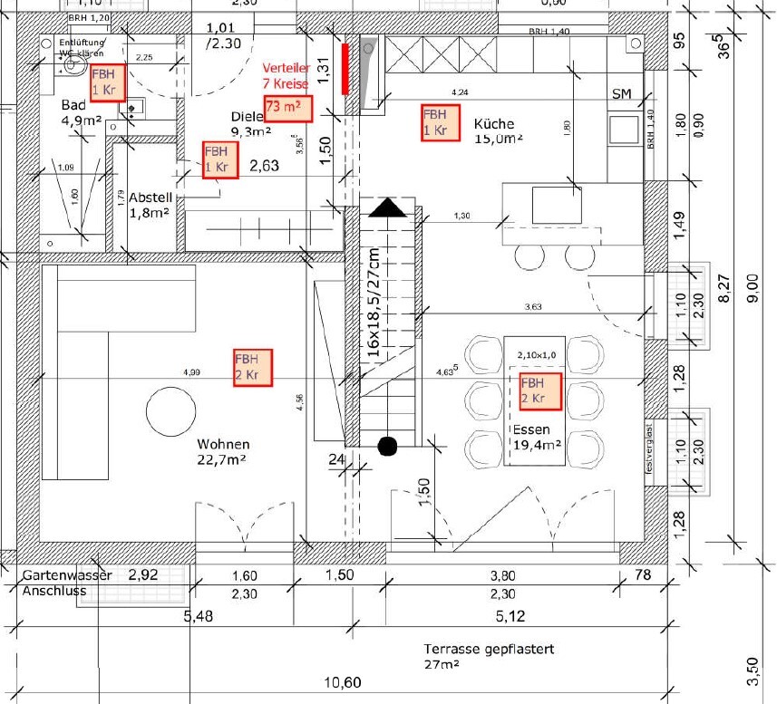 Grundriss eines Hauses: Wohnen, Essen, Küche, Terrasse 27 m², Gartenwasser-Anschluss, Maßangaben.