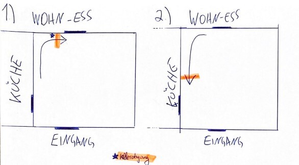 Zwei Skizzen eines Wohn-Ess-Bereichs mit Küche an der linken Seite und Eingang unten.