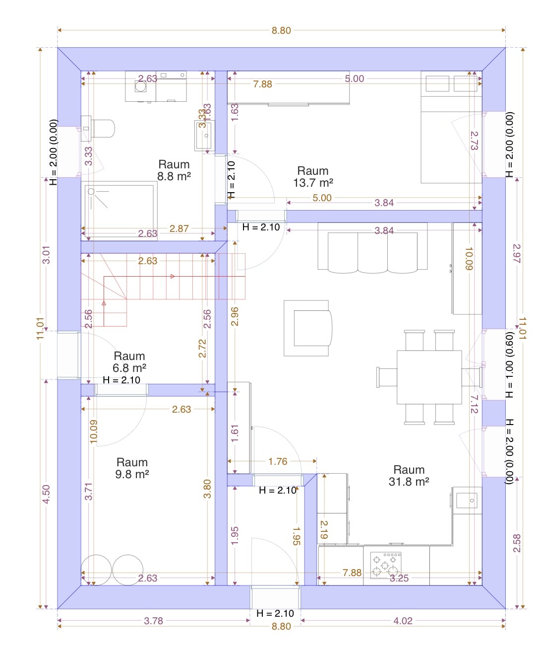 Architektur-Grundriss eines Hauses mit mehreren Räumen, Türen und Abmessungen.
