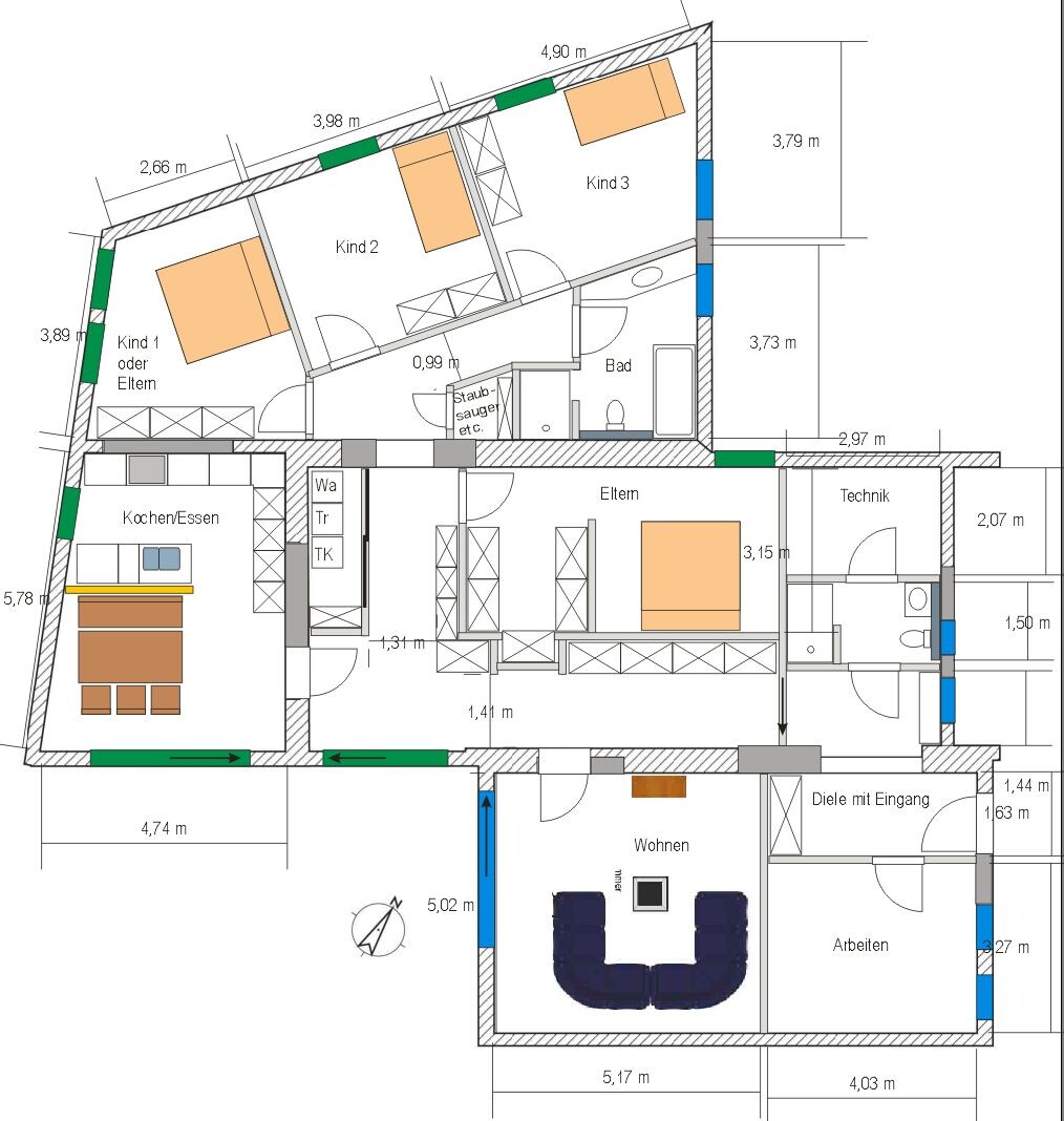 Detaillierter Hausgrundriss mit Küche, Bad, Schlafzimmern und Wohnzimmer sowie Maßen