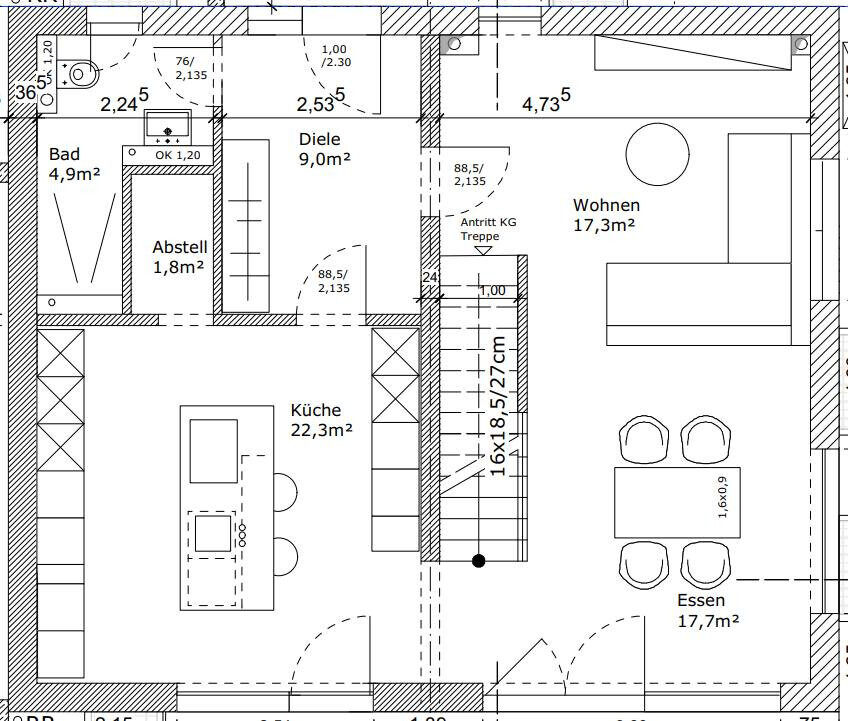 Grundriss einer Wohnung mit Küche, Wohnen, Essen, Diele, Bad und Abstellraum.