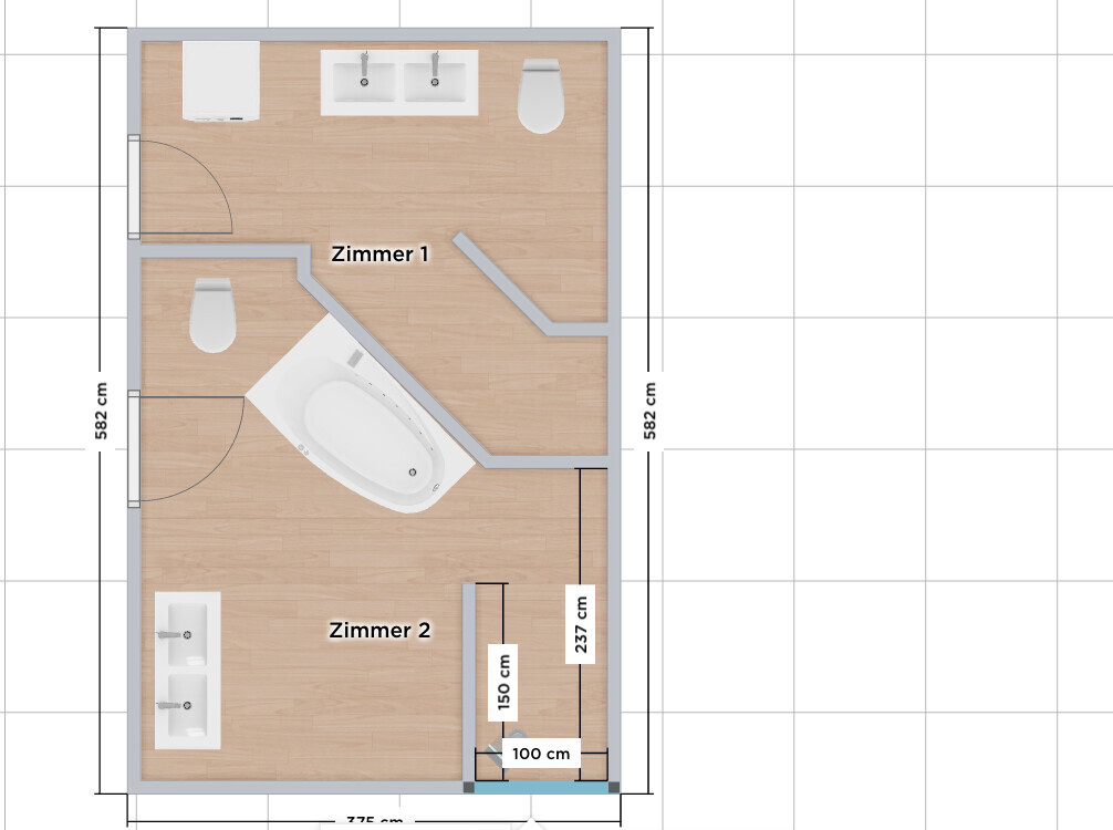 Grundriss eines Wohnraums mit zwei Zimmern: Zimmer 1 und Zimmer 2, Badewanne, Toilette, Waschbecken.