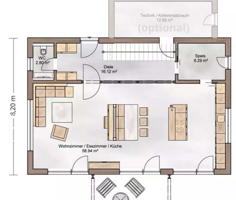 Grundriss eines Wohn-, Ess- und Küchenbereichs mit Diele, WC, Speis und Treppe
