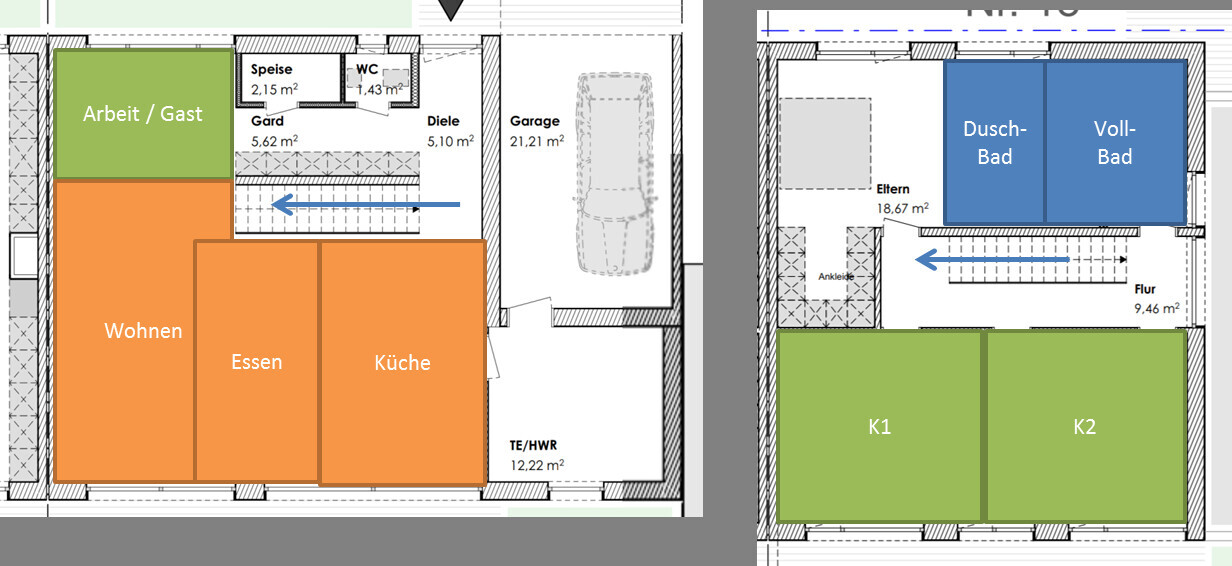 Grundriss Haus: links Arbeit/Gast, Wohnen, Essen, Küche; Garage. Rechts Eltern, Bad, Flur, K1, K2.