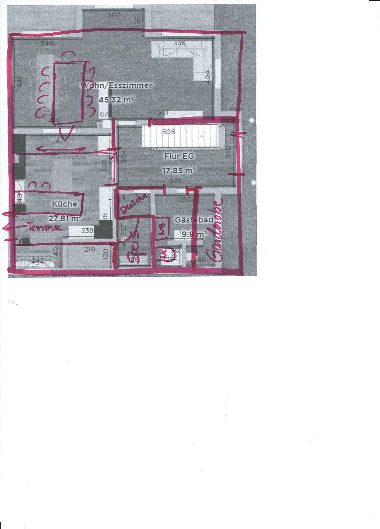 Grundriss einer Wohnung: Wohn/Esszimmer, Küche, Flur, Gästezimmer, Bad, Terrasse.