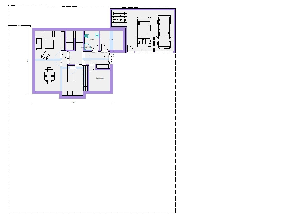 Grundriss eines Hauses: Wohnzimmer, Esszimmer, Küche, Bad, Flur, Garage mit zwei Autos.