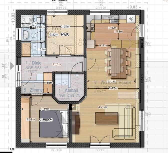 Grundriss einer Wohnung: Küche, Essbereich, Wohnzimmer, Bad, Schlafzimmer, Abstellraum.