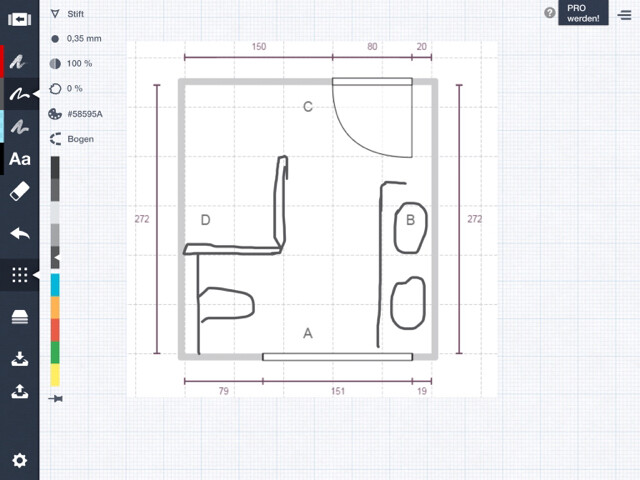 2D-Grundrissskizze eines kleinen Hauses mit Küche, Wohnzimmer und Bad