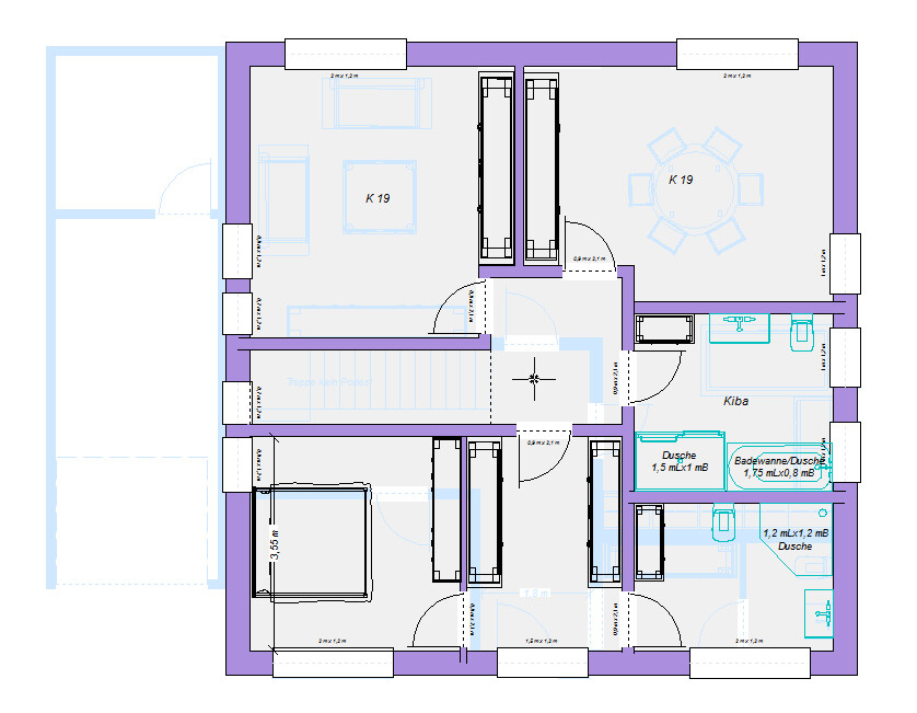 Grundriss: Etagenplan mit Flur, Treppe, zwei Zimmer (K 19), Essbereich, Küche, Badewanne/Dusche.