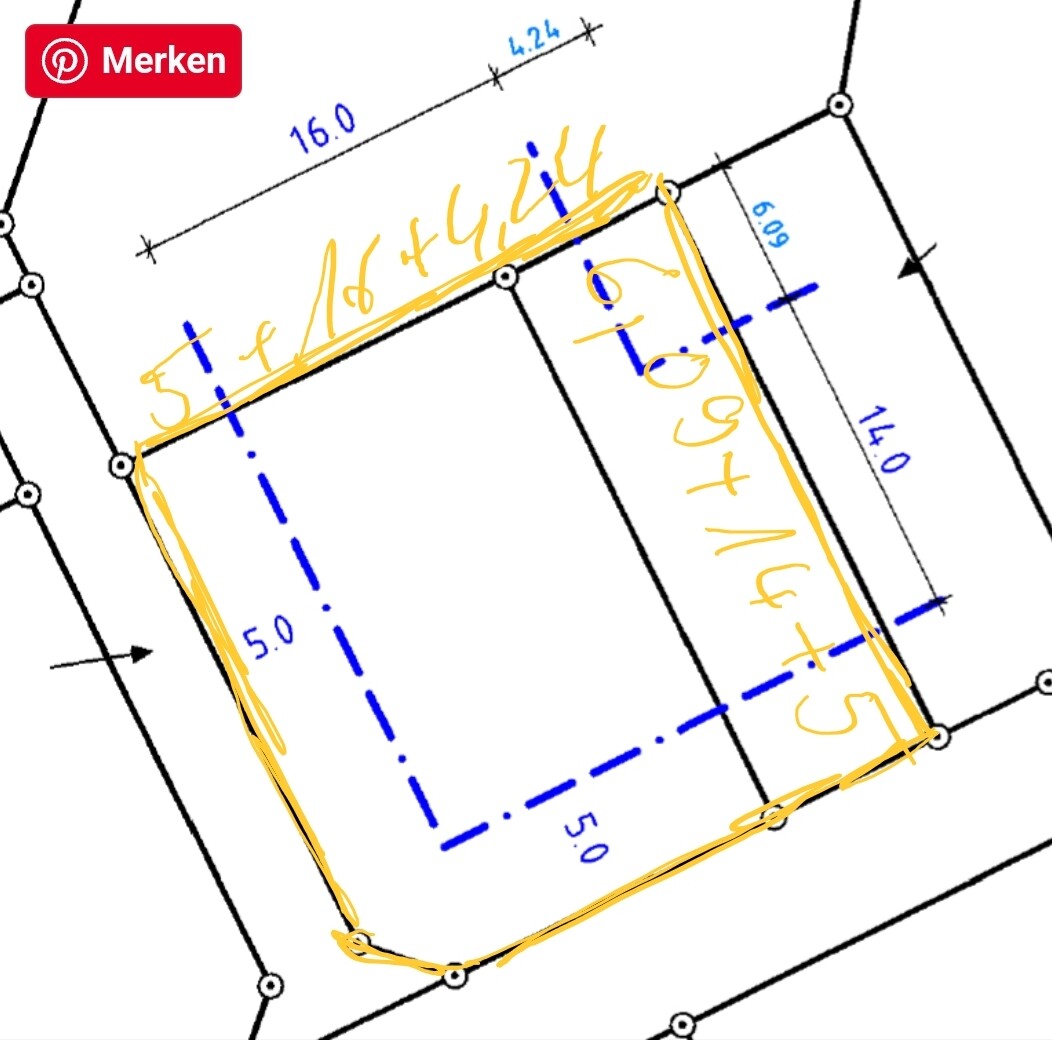 Technische Zeichnung: gelb markierte Innenkontur mit Maßlinien und Merken-Logo.