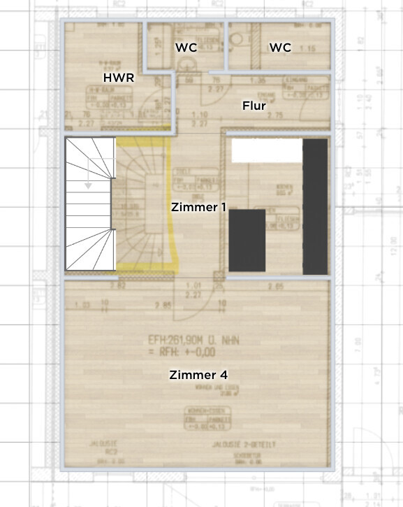 Grundriss eines Hauses: HWR, zwei WCs, Flur, Zimmer 1, Zimmer 4 und Treppenhaus.
