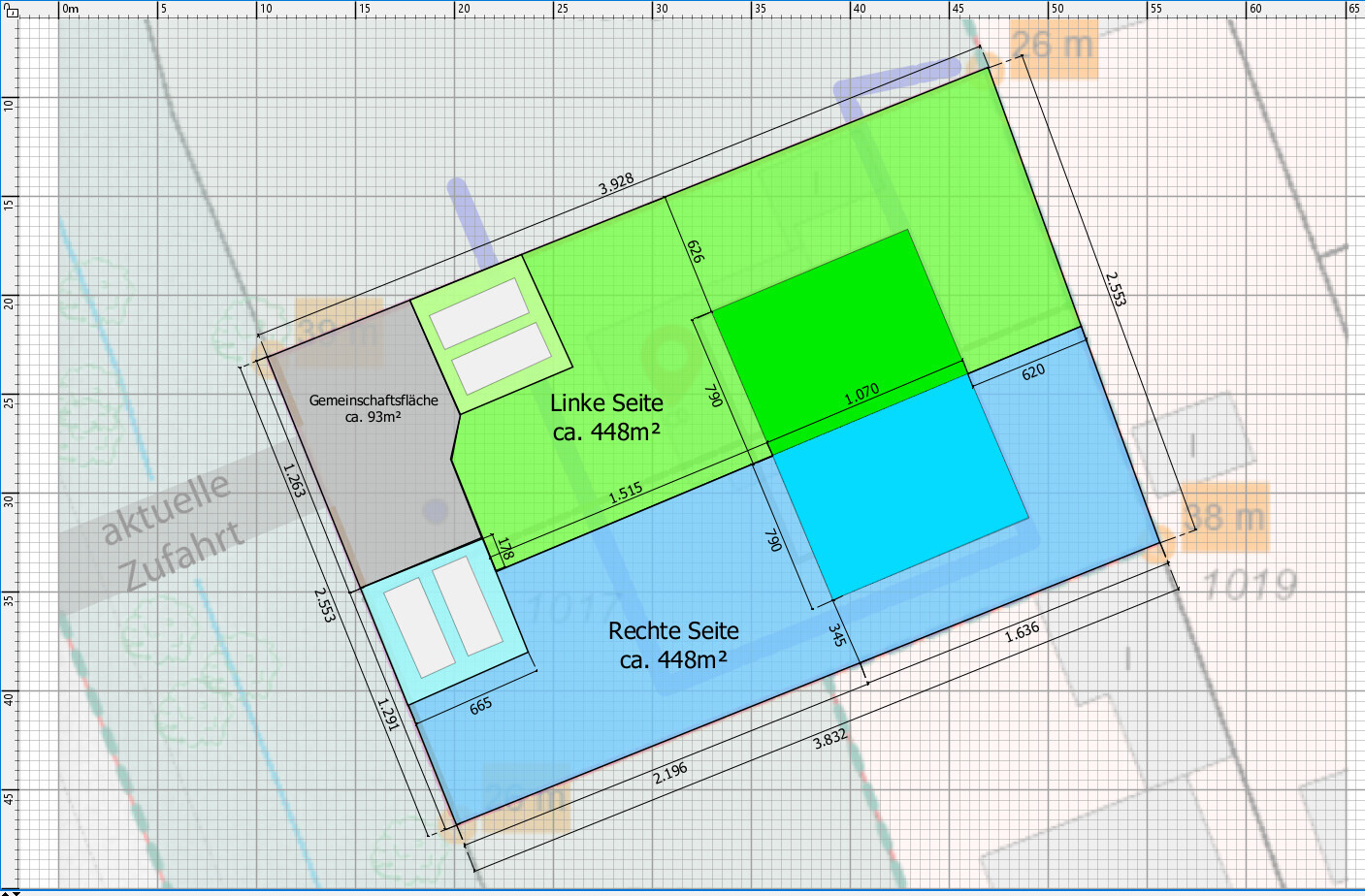Grundriss Doppelhaushälfte: linke Seite ca. 448 m², rechte Seite ca. 448 m², Gf ca. 93 m².