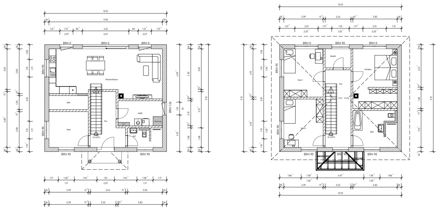 Zwei Grundrisse eines zweigeschossigen Hauses mit Wohnbereich, Küche und Treppen