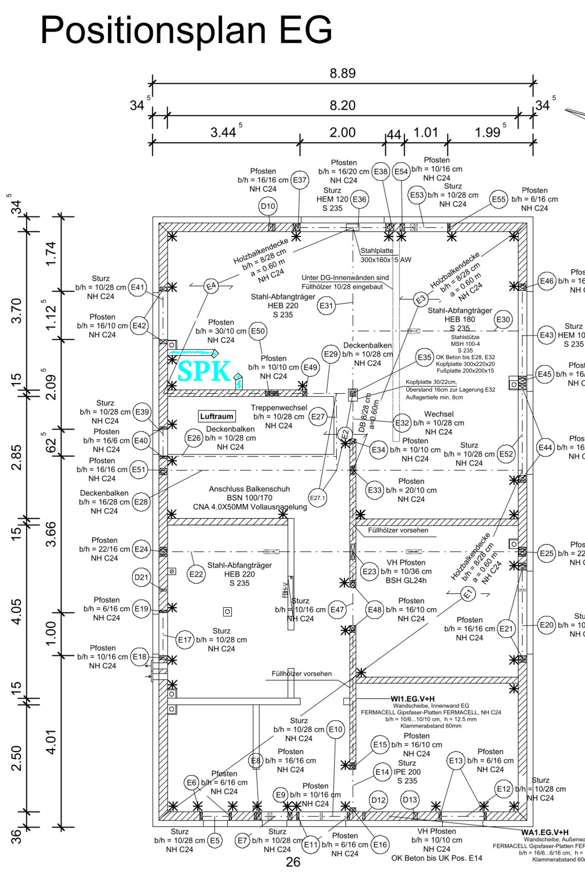 Detaillierter Grundrissplan EG eines Hauses mit Maßen und Bauteilhinweisen.