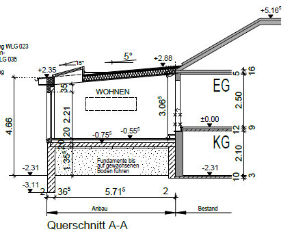 Querschnitt A-A eines Hauses mit Wohnbereich, EG und KG, Fundamenten