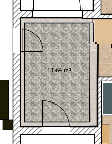 Rechteckiger Grundrissraum mit 13,64 m2 Fläche und zwei Türen im Plan