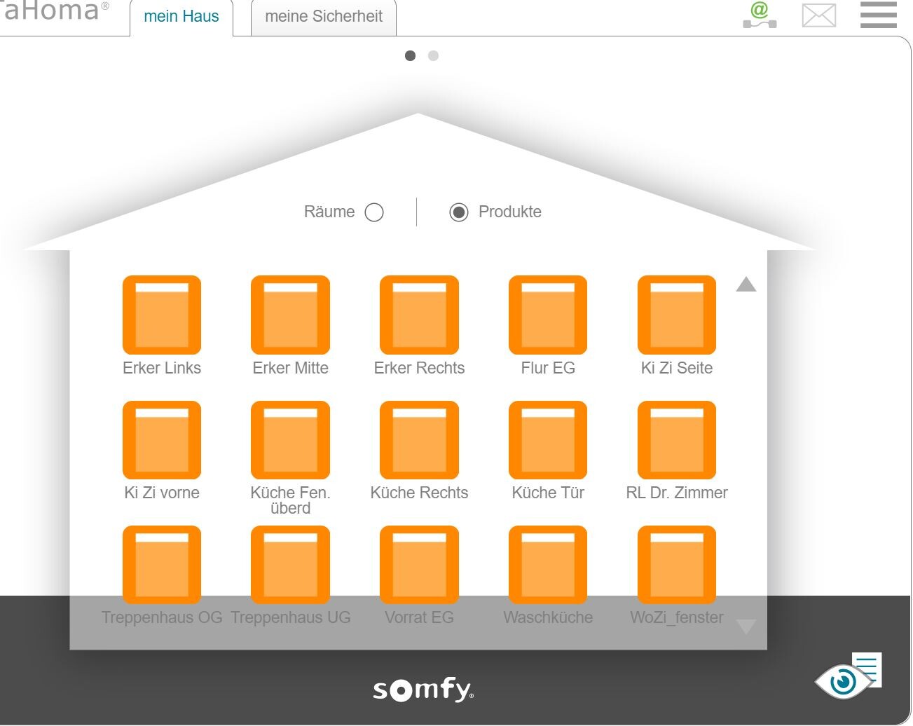 Grundriss eines Hauses mit orangefarbenen Produkt-Symbolen in mehreren Räumen; oben: Räume/Produkte.