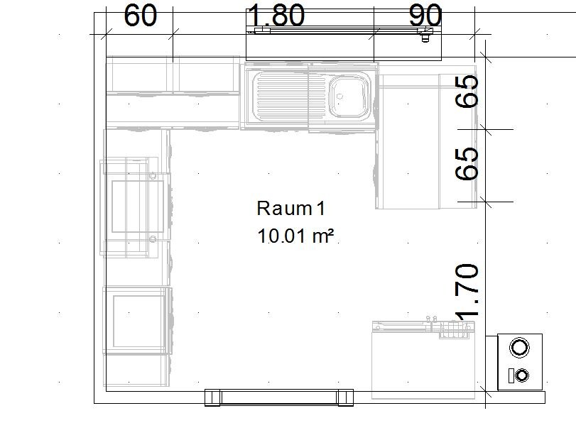Grundrissplan von Raum 1 mit Küche und Geräten, 10,01 m²