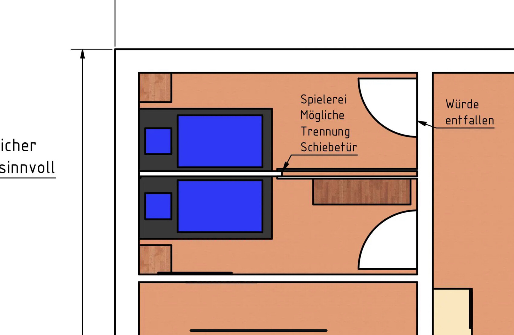2D-Grundriss eines Wohnbereichs mit Türen und Möbeln