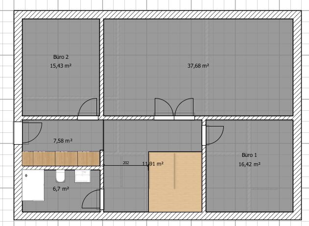 Grundriss eines Bürogebäudes mit mehreren Räumen, Türen, Größenangaben in m2.