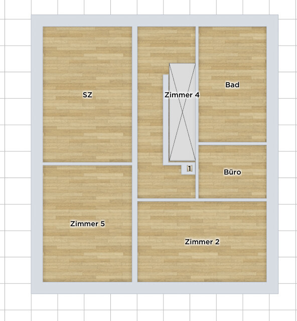 Grundriss einer Wohnung mit Zimmern 2,4,5, SZ (Schlafzimmer), Büro und Bad; Treppenhaus.