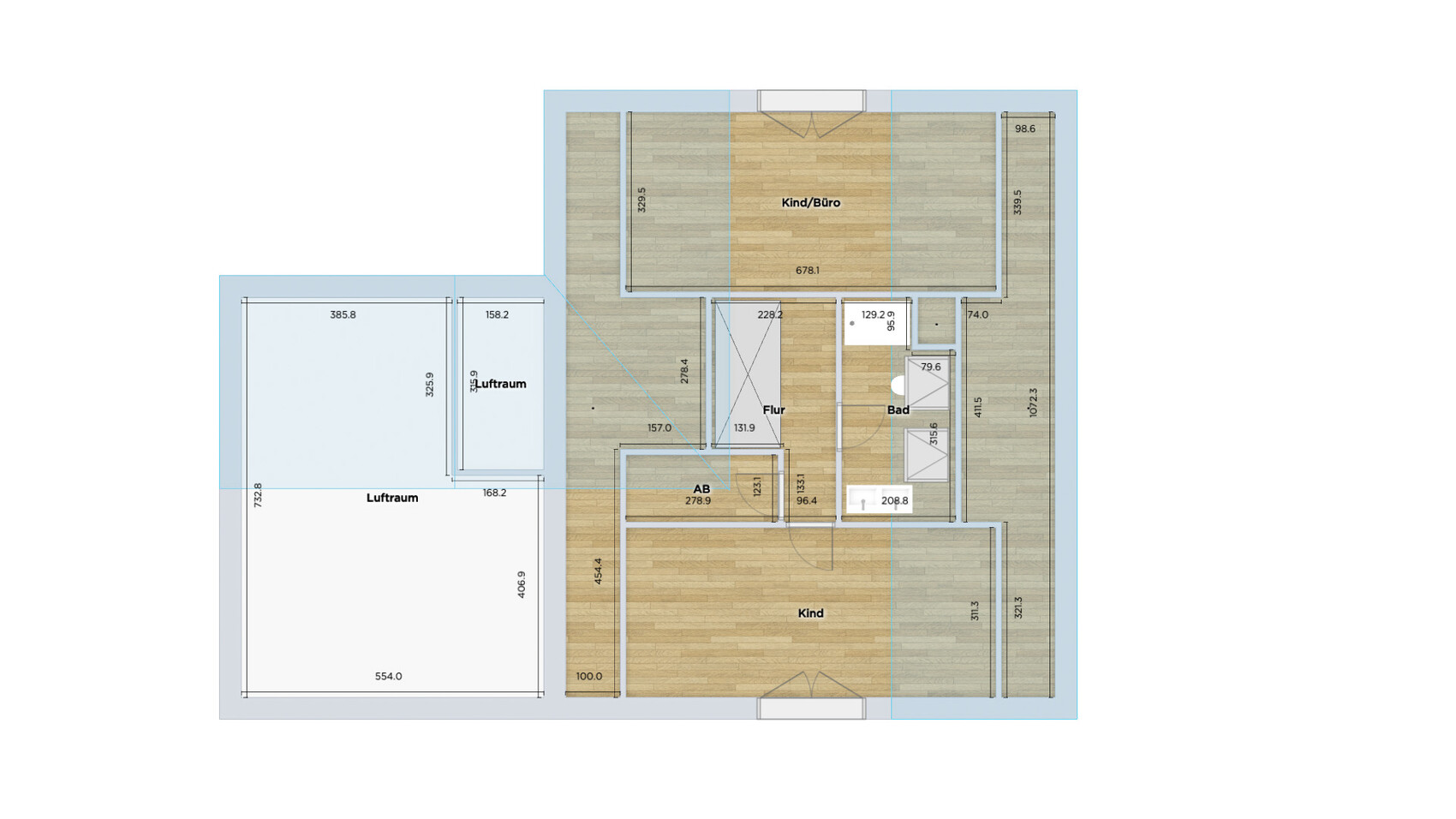Grundriss eines Wohnplans mit Flur, Bad, Kind, Kind/Büro und Luftraum