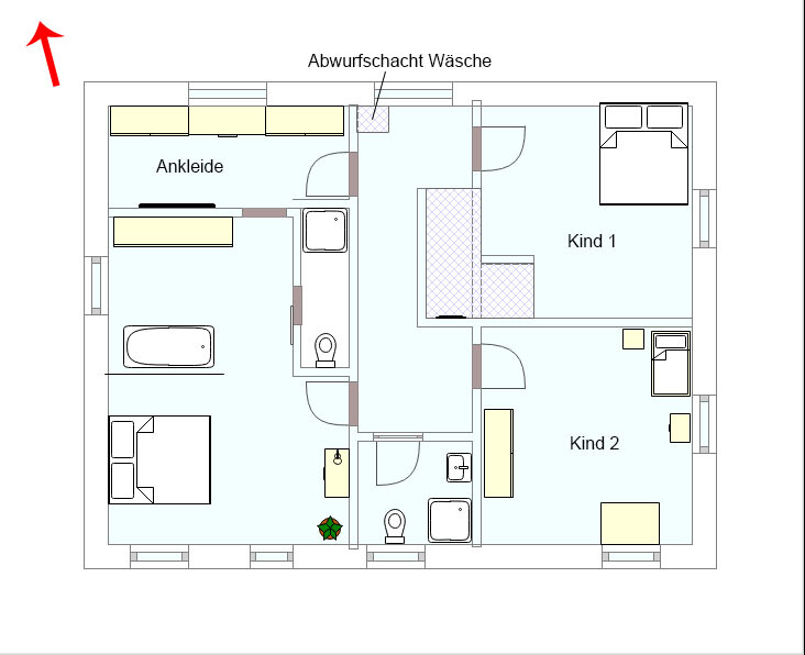 Grundriss eines Hauses: Flur, Ankleide, Bad mit Dusche, zwei Kinderzimmer, Wäscheabwurfsschacht
