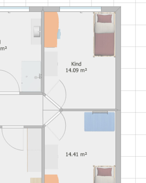 Grundriss eines Hauses mit zwei Kinderzimmern (je ca. 14 m²) und Betten.