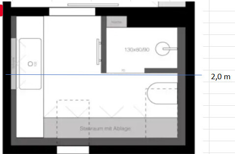 2D-Grundriss einer kompakten Hausaufteilung mit Lagerfläche