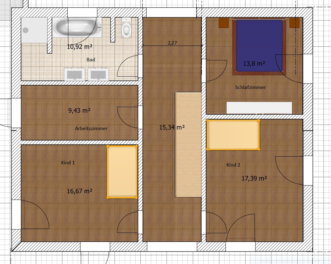 Grundriss eines Einfamilienhauses mit Bad, Schlafzimmer, Arbeitszimmer und zwei Kinderräumen