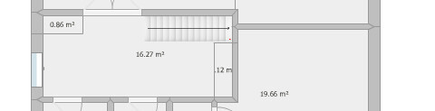 Grundriss eines Hauses mit Treppe, zwei Räumen und Flächenangaben