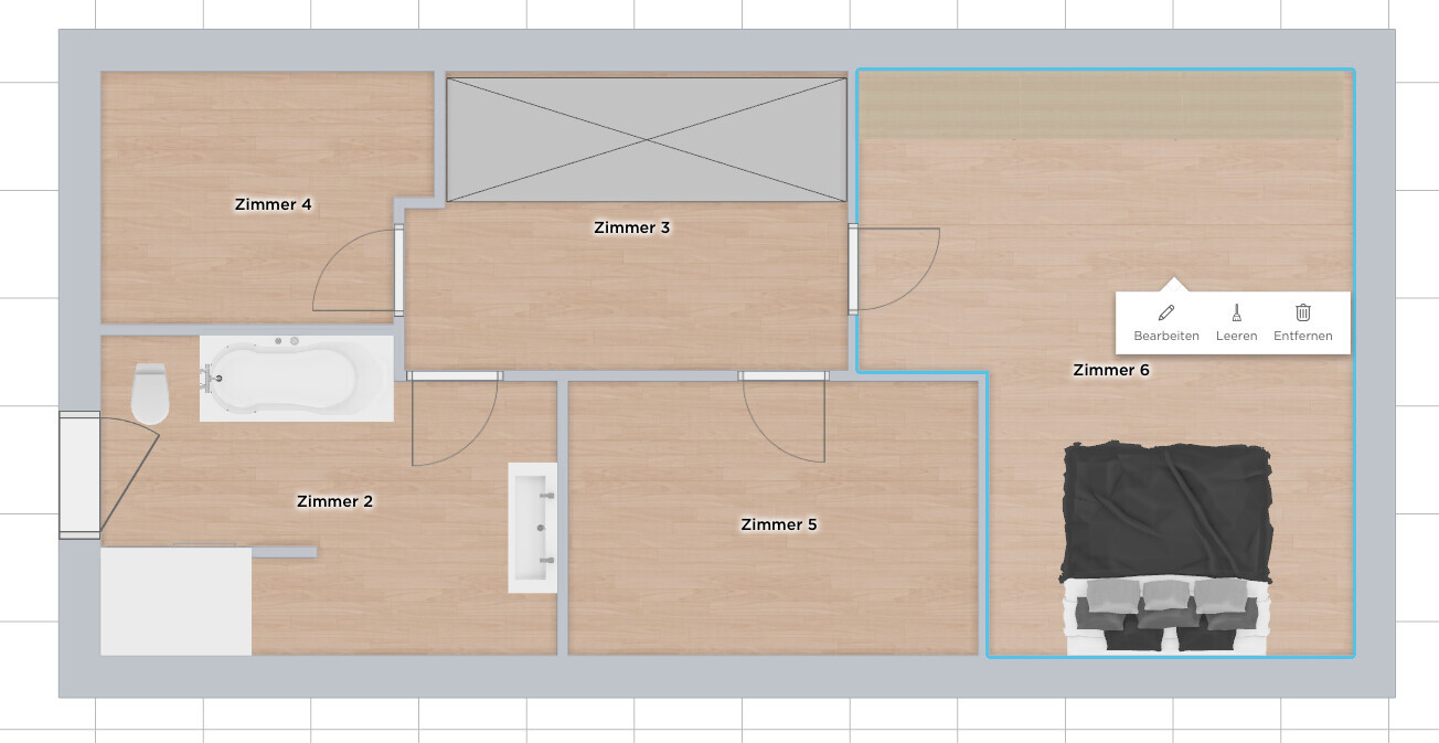 Grundriss eines Mehrzimmerhauses mit sechs Räumen: Badewanne, Toilette, Bett in Zimmer 6.